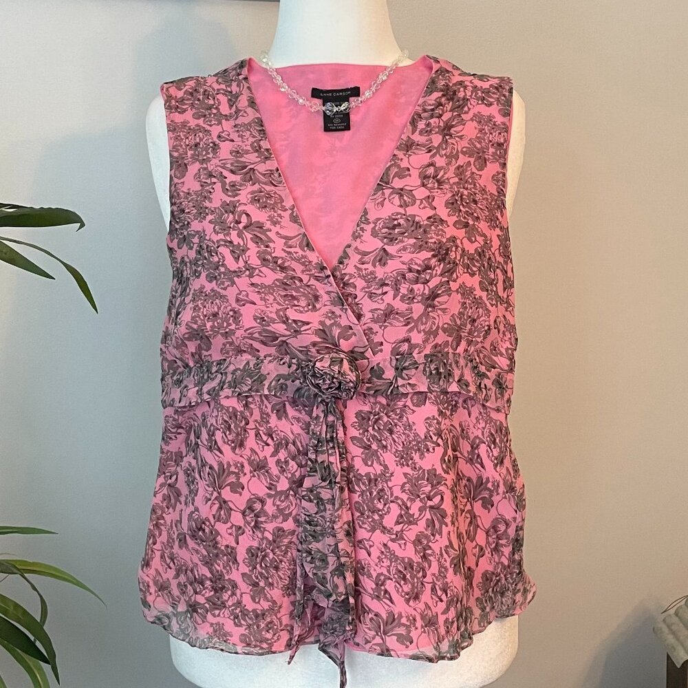 Anne Carson V-Neck Sleeveless Pink Gray Top Fully Lined 100% Pure Silk Size M